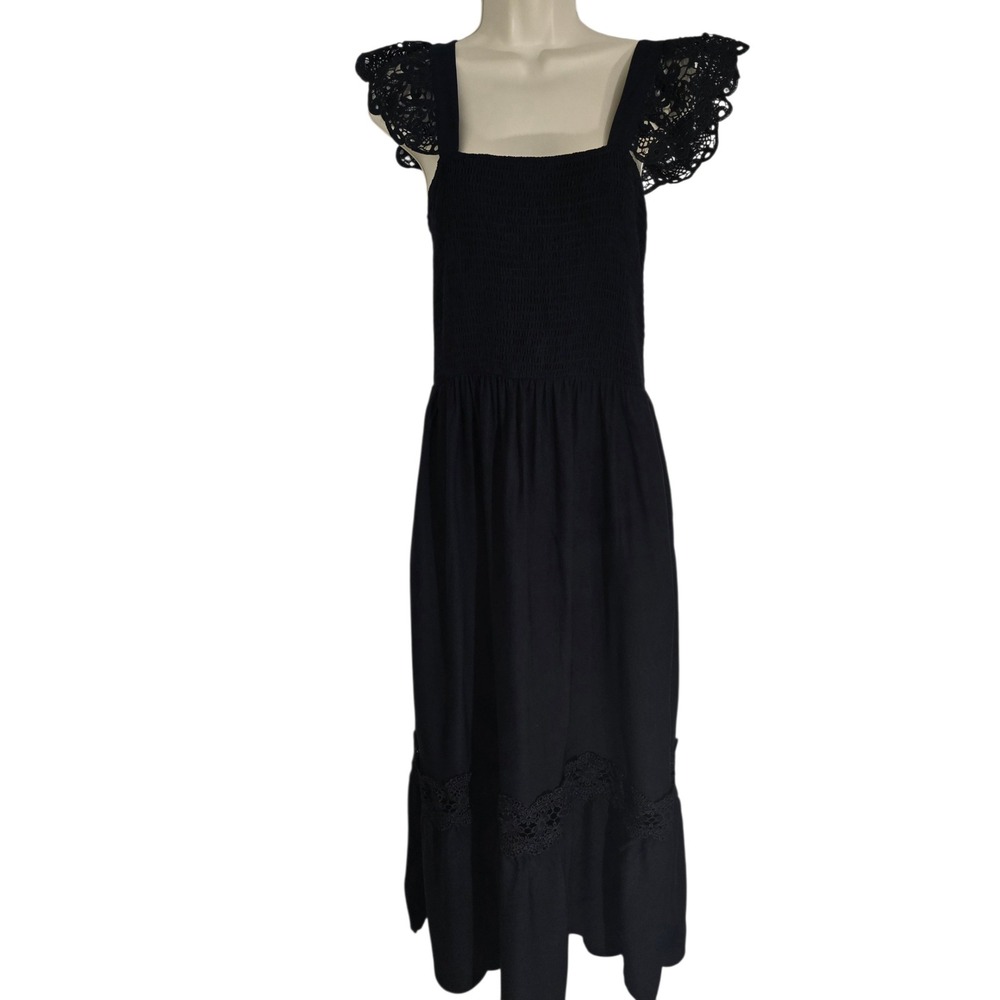 Zesica Black Smocked Crochet Lace Flutter Sleeve Tiered Viscose Dress Large NWT - Picture 3 of 13